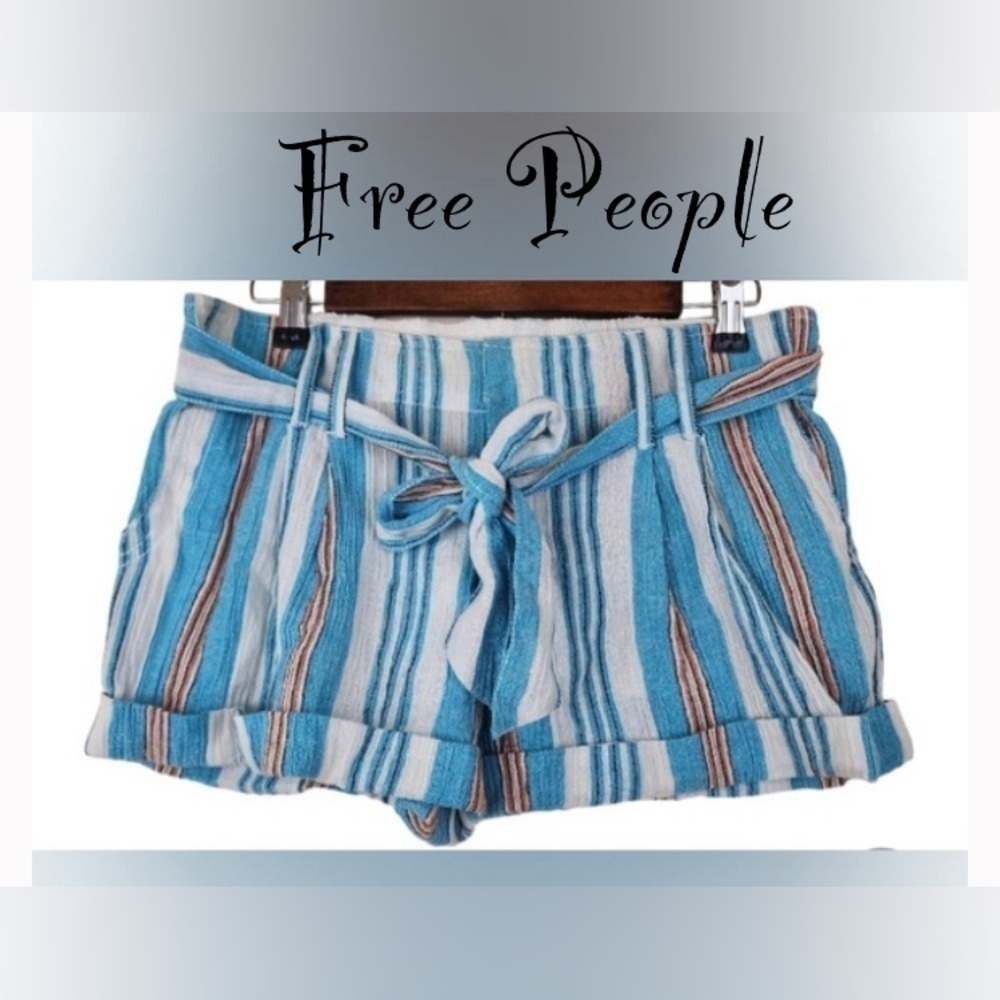 Free People Striped blue orange belted, cuffed shorts size 6 100% Cotton